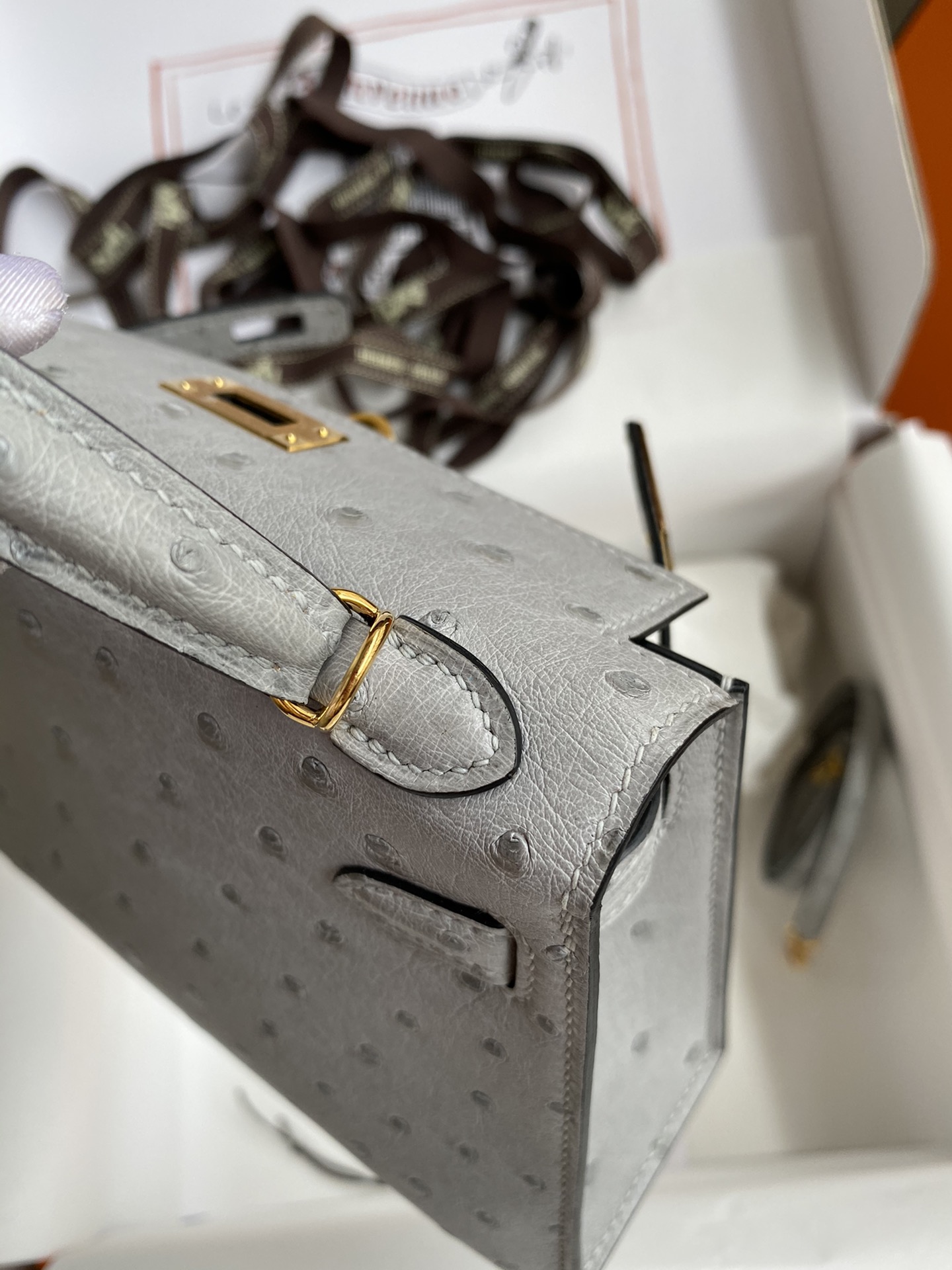 Hermes Kelly Mini II Bag 19CM In Grey Ostrich Leather